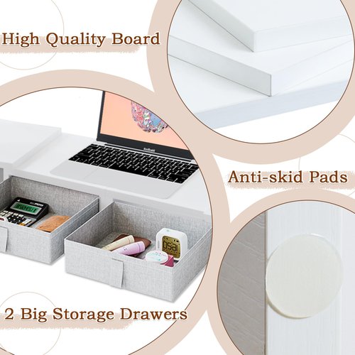 TEAMIX Dual Monitor Stand Riser - Length and Angle Adjustable White Monitor Stand with 2 Drawers to Storage Large Computer Riser for 2 Monitors/Laptop/PC, Wood Screen/TV Stand Desk Organizer (White)
