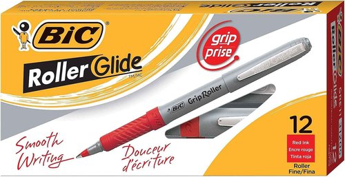 BIC Roller Glide Grip Pen With An Added-Value Grip, Fine Point (0.7mm), Red, Contemporary Looking, 12-Count