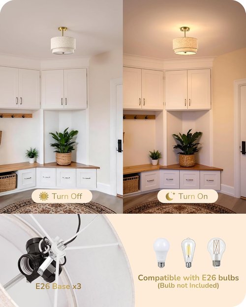 EDISHINE 12.6-Inch Semi Flush Mount Ceiling Light - 3-Light Modern Fixture with Double Drum Linen Shade | Brushed Gold Finish for Bedroom, Hallway, Dining Room