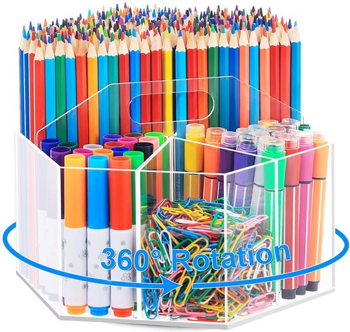 OIF Acrylic Pen Holder Pencil Organizer, 360-Degree Rotating Pencil Holder with 6 Compartments, Crayon for Kids Marker Holder Caddy Art Supply Organizer for Desk, Office