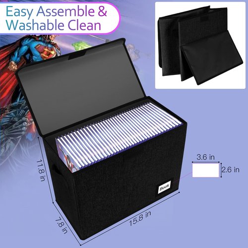 YNSZAS Comic Book Storage Box 15.8" X 7.8" X 11.8", Collapsible Holds 160-180 Comic Book Organizer Heavy Duty Bin Container Holder Shelf (Black)