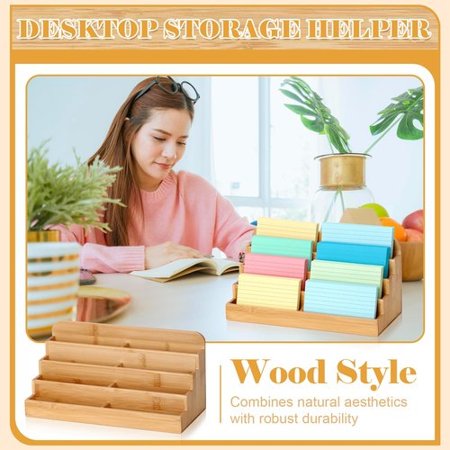 SHIQIKEJIPTY 4 Tier Index Card Display Holder 3x5 Inch Index Card Organizer Wood Sticky Note Holder Business Card Display Stand 8 Pockets for Desktop 600 Sheets Capacity 11X5X5 Inch