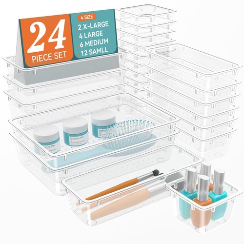 ElegantArray 24 PCS Drawer Organizer Set, 4 Sizes Storage Drawer Units, Clear Plastic Makeup Vanity Organizer and Storage Bins for Makeup, Stationeries, Multiple Gadgets for Bathroom, Office, Bedroom