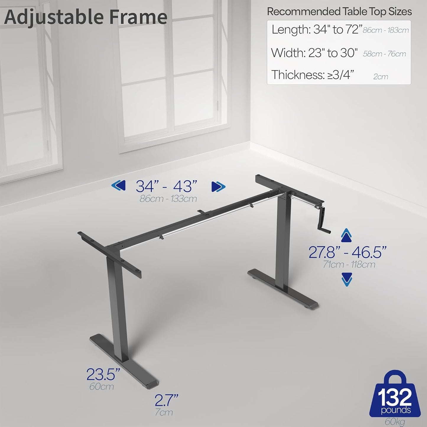VIVO Manual Height Adjustable Stand Up Desk Frame - Ergonomic 2-Leg Workstation with Hand Crank | Black