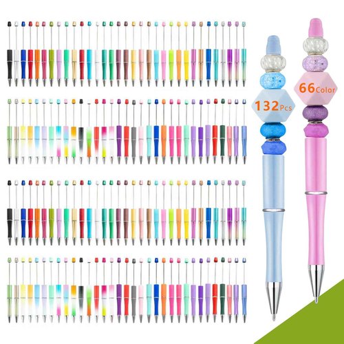 Fancemot 132 Pcs 66 Colors Beadable Pens, DIY Beadable Pens Bulk, Solid Beaded Pens, Gradation Bead Pens, DIY Pen for Kids Teens Students School Office Supplies