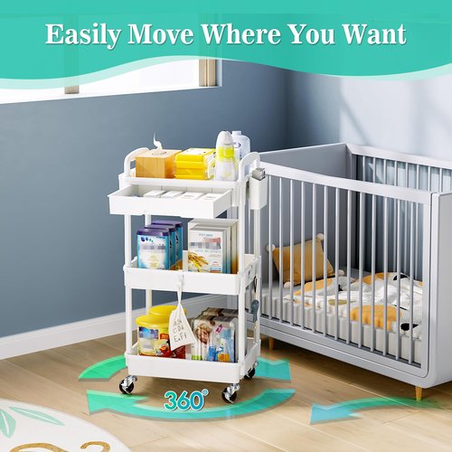 EaseSky 3 Tier Rolling Cart with Drawer, Bathroom Storage Organizer with 2 Lockable Wheels, Multifunctional Rolling Storage Cart for Bathroom, Kitchen, Office, Craft, Makeup, Baby Essentials, White