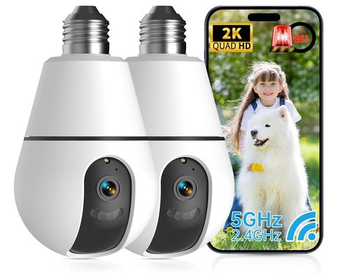 ILWUT Light Bulb Camera 5G&2.4Ghz WiFi 2K Security Cameras Wireless Outdoor Indoor,AI Detection and Alarm,Two-Way Talk,Cameras for Home Security,Color Night Vision,911 Emergency Dispatch(2Pack)