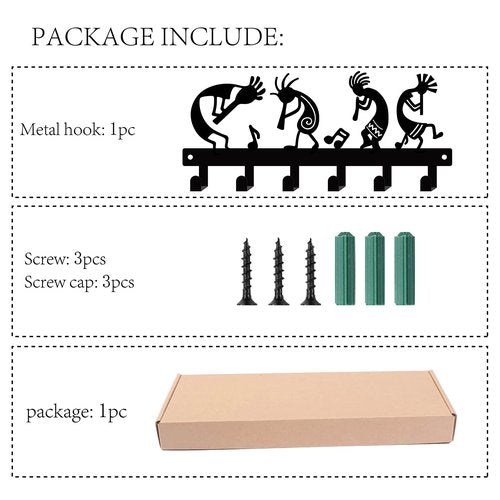 CREATCABIN Metal Key Holder Kokopelli Flute Music Black Wall Mounted Organizer Iron Rack Hanger Decorative 6 Hooks for Entryway Front Door Kitchen Garage Yoga Office,with Screws and Anchors 10.6inch
