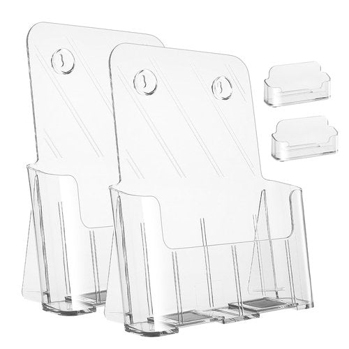 Acrylic Brochure Holder 8.5 x 11 inches, 2 Pack Clear Brochure Display Stand with Removable Divider for Trifold 4 Inches Wide Pamphlet, Plastic Flyer Holder for Magazine, Literature, Booklet
