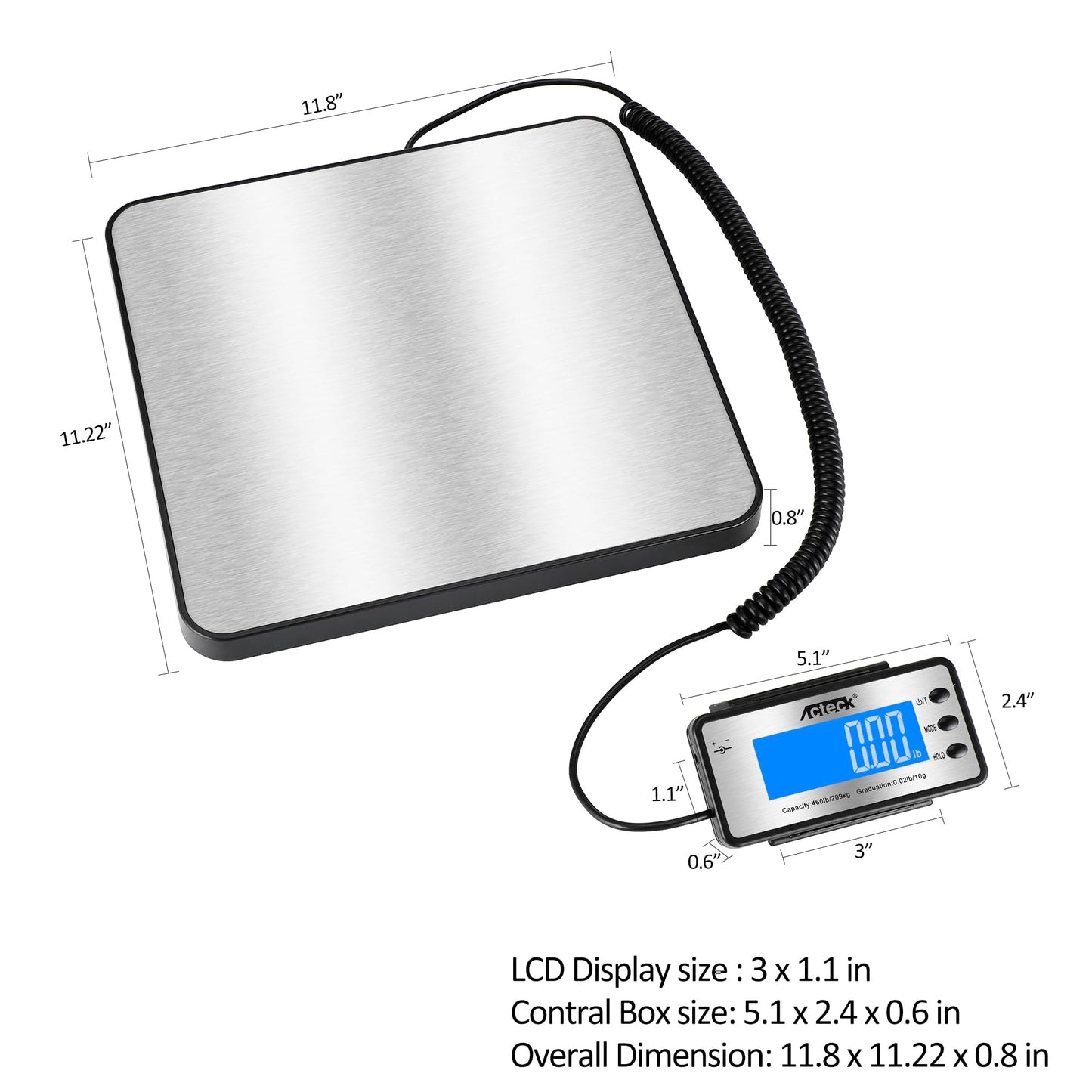 ACTECK Digital Shipping Postal Scale, 460 lb x1oz High Accuracy with Stainless Steel Platform, LCD Backlight, Four Reading Modes, Tare/Hold Function, Battery AC Adapter Incuded