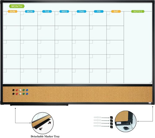 JILoffice Magnetic Calendar Whiteboard & Corkboard Combo - 36x24 Inch Wall-Mounted Board in Black Aluminum Frame