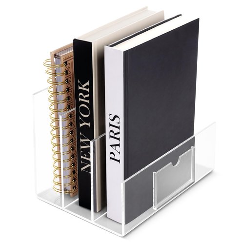 Legacy3 Durable Acrylic File Organizer - 4mm Thick Acrylic File Holder with 3 Section - Acrylic Desk Accessories with Busines Card Holder Included - 9" (L) x 6.5" (W) x 6.5" (H)
