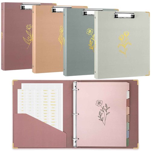 Janlaugh 4 Pack 3 Ring Clipboard Binder 1 Inch, Aesthetic Floral Clipboard Binder with Pockets, 8 Tab Dividers, 2 Blank Stickers Monthly Plan Labels for School, Office, Wedding(Fit Letter Size Paper)