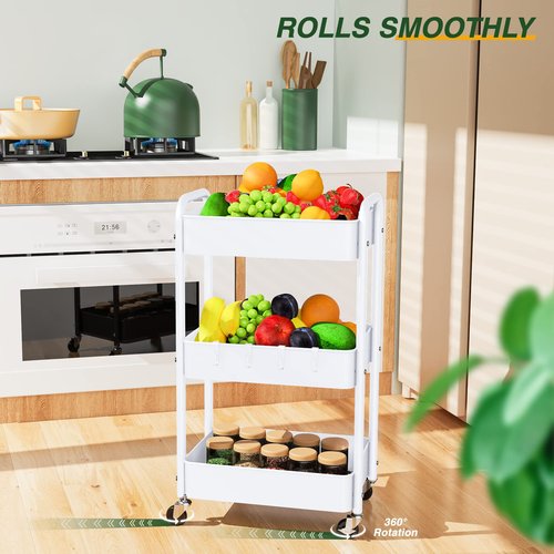 LEHOM 3 Tier Rolling Utility Cart, Metal Trolley Cart with Wheels, Hooks, Easy Assembly Organizer Storage Cart for Bathroom, Kitchen, Office, Bedroom(White)