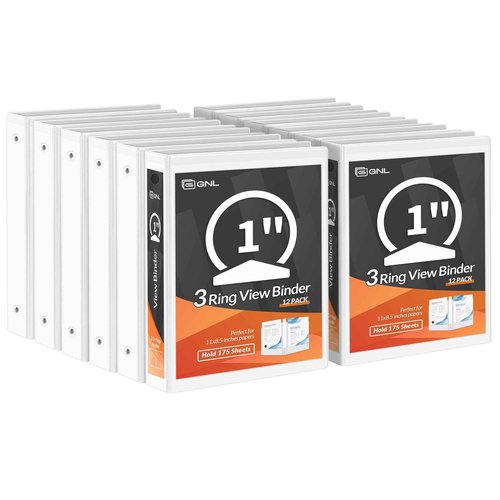 GNL 1 Inch Binders 3 Ring Bulk, 1" Three Ring Clear View Binder (Fit 8.5"x11" Paper) PVC-Free & Non-Stick for Office & School Supplies, White, 12 Pack