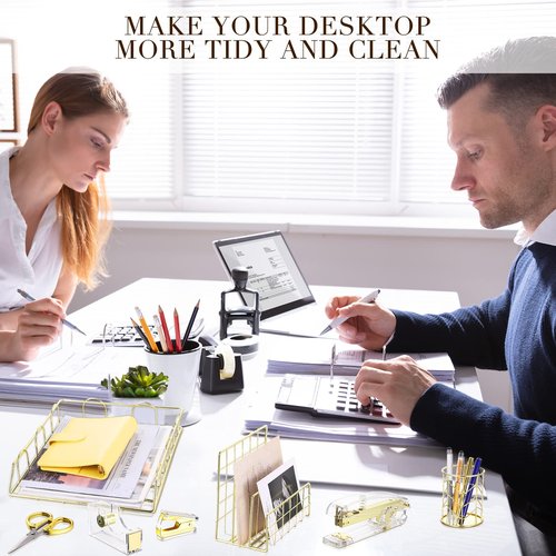 Yaomiao 13 Pcs Desk Accessories Kit Organizer Office Supplies Women Back to School Gift Acrylic Stapler Staple Remover Tape Holder Pen Cup Magazine File Letter Clip Phone Holder Scissor(Gold)
