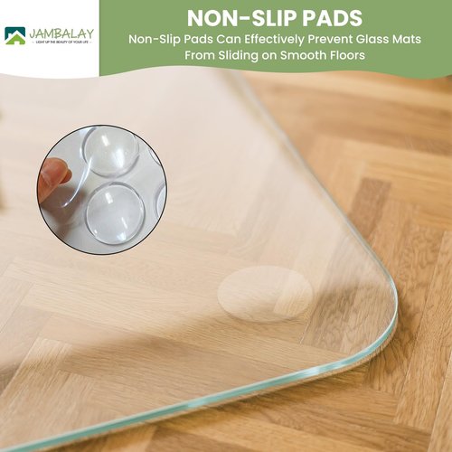 JAMBALAY 46″×36″ Tempered Glass Floor Mat, Heavy Duty Glass Office Chair Mat for Carpets or Hard Floors, Carpet Floor Mats with 12 Non Slip Pads for Easy Roll On, Thick 1/5″
