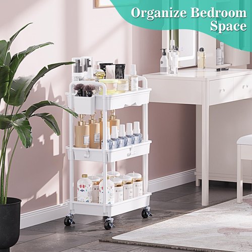 EaseSky 3 Tier Rolling Cart with Drawer, Bathroom Storage Organizer with 2 Lockable Wheels, Multifunctional Rolling Storage Cart for Bathroom, Kitchen, Office, Craft, Makeup, Baby Essentials, White