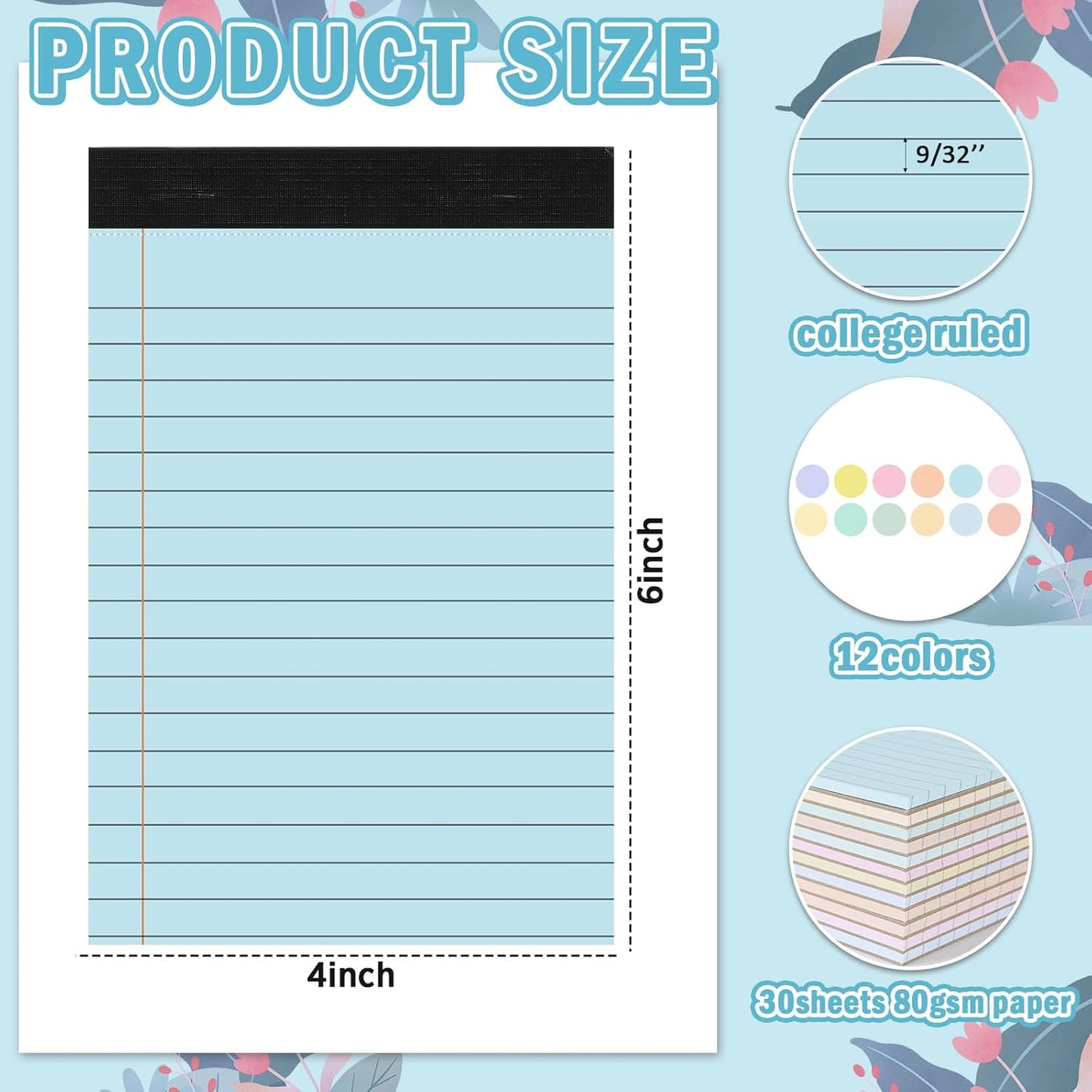 Skiennix Mini Legal Pads - 12 Pack 4" x 6" College Ruled Pastel Notebooks | 80 GSM, 30 Sheets Each