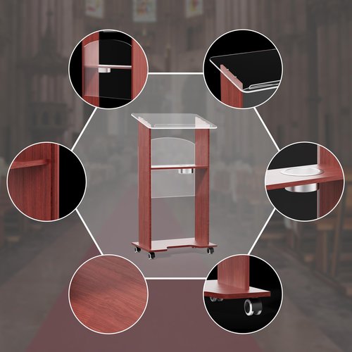 45" Podium with Lockable Wheels,Portable Lectern with Acrylic and 15mm Plywood,Podium Stand with Shelf and Cup Holder,Mobile Stand for Seminars and Schools