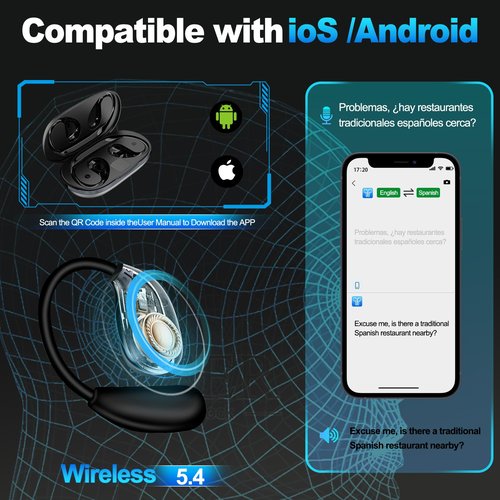 AI Language Translator Earbuds 144 Languages Bluetooth 5.3 Wireless - Two Way Translation Noise Reduction IPX5 Waterproof for Travel Business Gym Learning iOS Android