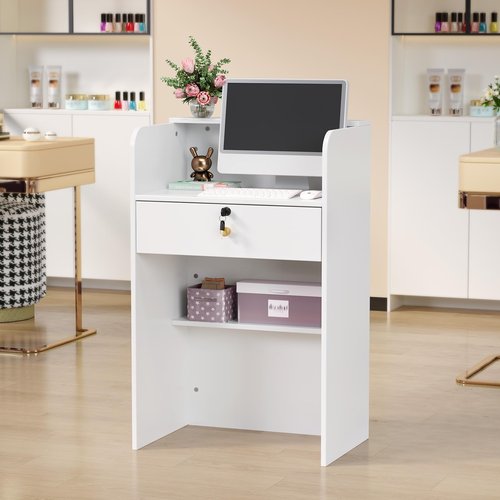 OmySalon Reception Desk with Counter, Small Front Desk w/Lockable Drawer, Wooden Modern Reception Table for Salon Lobby Office Home (White, 24)