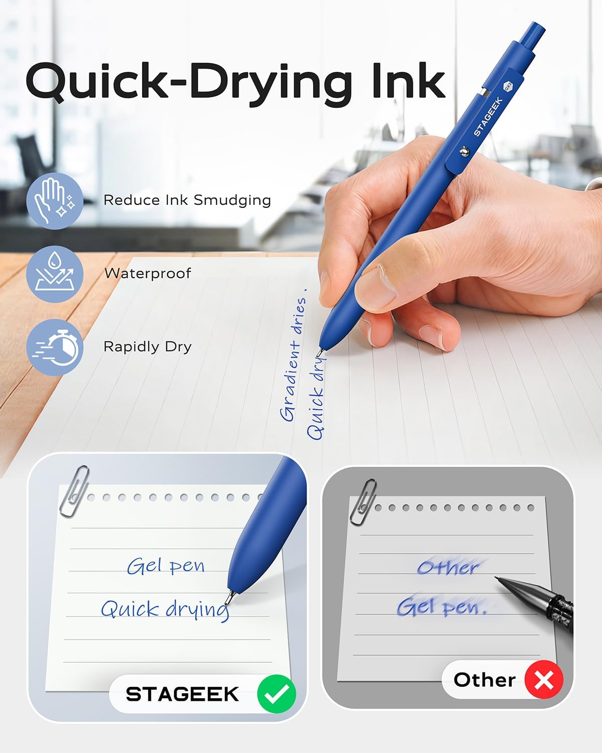 STAGEEK Blue Gel Pens - 6-Pack Quick Dry Fine Point Retractable Pens with 3 Extra Refills | Ideal for Journaling & Office Use