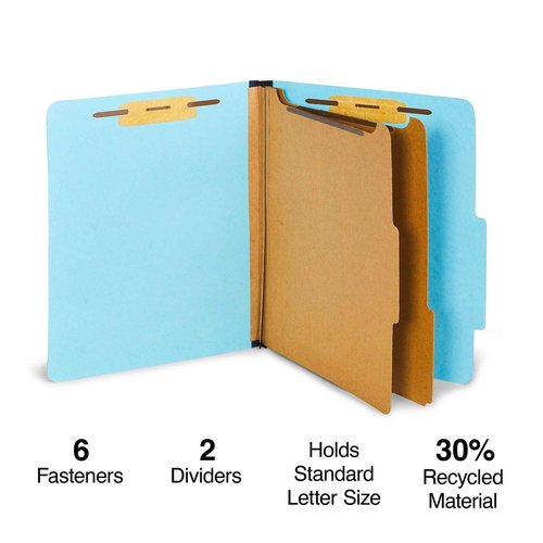 Staples Colored Pressboard Classification Folders, Letter, 2 Partitions, Light Blue, 20/Pack