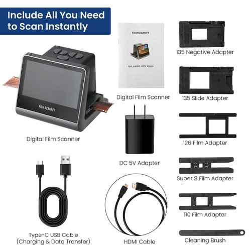 22MP Film and Slide Scanner with 5” LCD Screen, Convert Color & B&W Negatives & Slides 35mm, 126, 110 Film to High Resolution JPEG Digital Photos