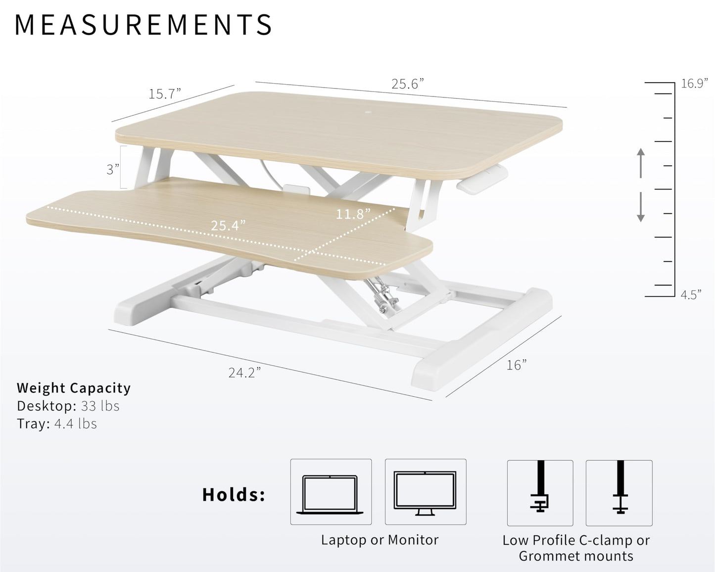 VIVO 26 inch Desk Converter, K Series, Height Adjustable Sit to Stand Riser, Dual Monitor and Laptop Workstation with Keyboard Tray, Light Wood Top, White Frame, DESK-V026KF