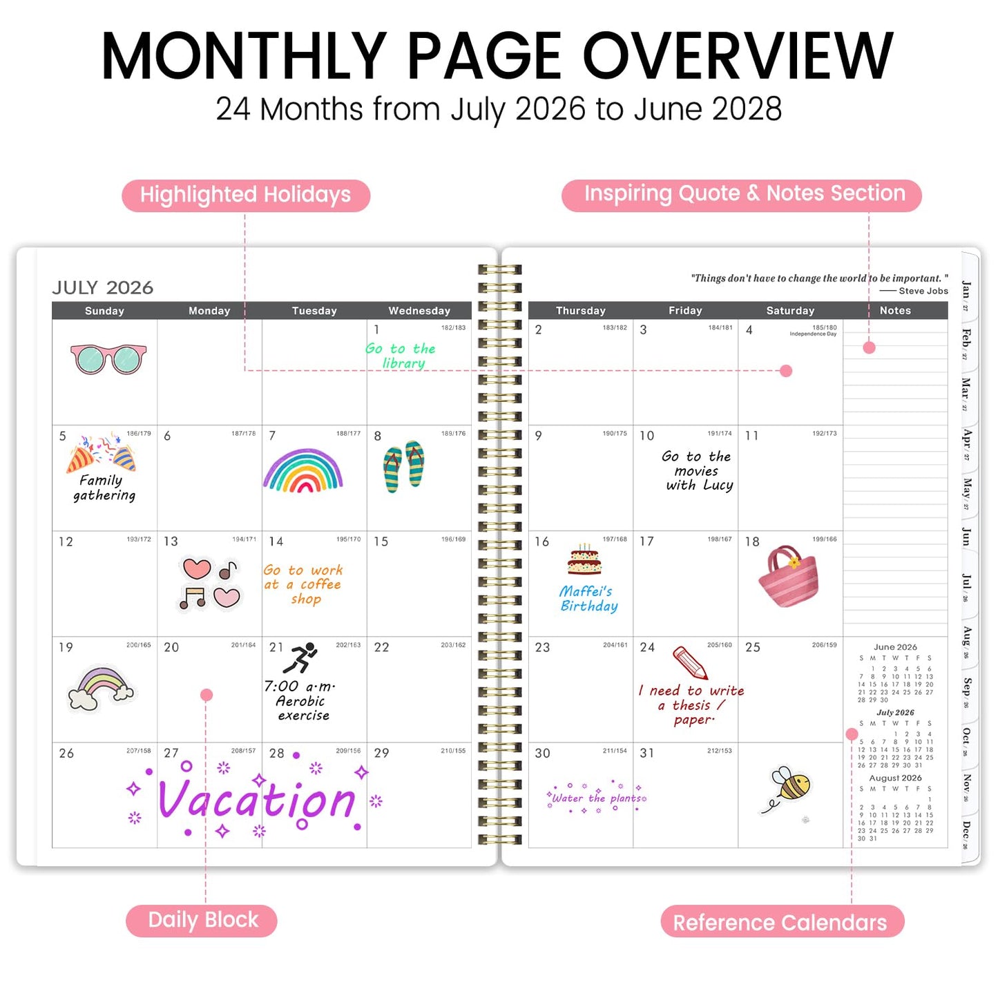 2026-2028 Monthly Planner - 2 Year Monthly Planner/Calendar 2026-2028, JULY 2026 - JUNE 2028, 9" x 11", 24 Months, Tabs, Two-sided Back Pocket, Holidays, Twin-Wire Binding, Note Pages, Perfect for School Office Supplies