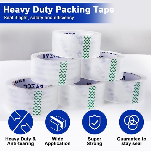 RAZCC Heavy Duty Clear Packing Tape - 12 Rolls with Dispensers | 2" x 65 Yards Each, Perfect for Shipping & Moving