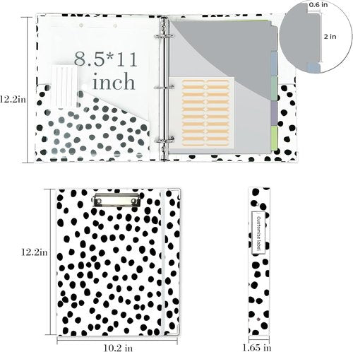 BVSSX 3 Ring Binder Organizer - 1 Inch Binder with Clipboard & 5 Tab Dividers | Polka Dot, Letter Size