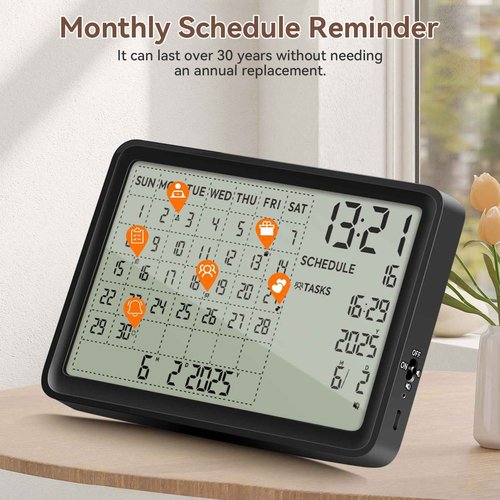 Digital Calendar, Digital Desk Planner with Schedule Reminder Clock with Day and Date, Chargeable 8 Inch Large Display Electronic Calendar Office Home School Family for Wall Mount & Desktop 2025-2055 (Black, 8 inch)