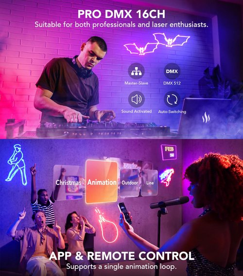 KeoBin APP DJ Laser Lights Professional - 200+ 3D RGB Animation Laser Light Show, Hand Drawing, Custom Patterns, Sound Actived & DMX Sync for Party, Stage, Club