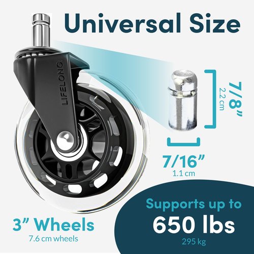 Lifelong Office Chair Wheels Replacement Rubber Chair Casters for Hardwood Floors and Carpet, Heavy Duty Casters for Chairs to Replace Office Chair Mats - Fits 98%