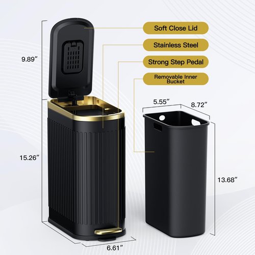 CEROELDA Slim Bathroom Trash Can with Lid Soft Close, 10 Liter/2.6 Gallon Stainless Steel Small Garbage Can, Step Pedal, Slim Metal Wastebasket for Toilet, Office, Bedroom (E-Black)
