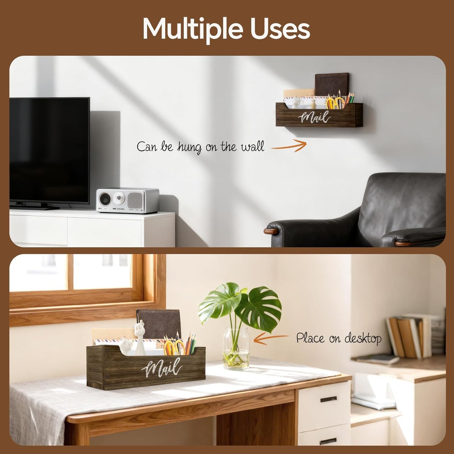 Skiennix White Wooden Mail Organizer - Stylish Countertop Storage Solution | Brown & White Finish