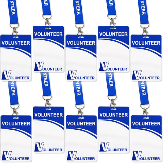 Volunteer ID Badge Card with Lanyard Clip - Durable Reusable Name Tags for Events | 10 Pack