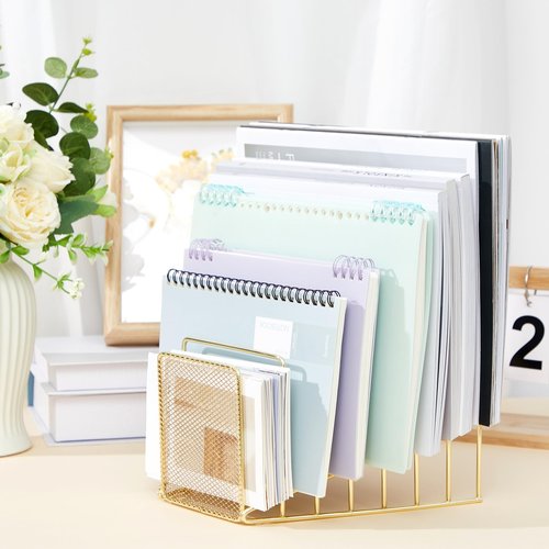 Chivertion 2 Pcs 7 Slot Incline File Sorter Metal Wire Mesh File Racks for Desktop Letter Sorter for Magazine Folder Book Organizer Home Office School Paper Mail Desk Storage Holder(Golden)