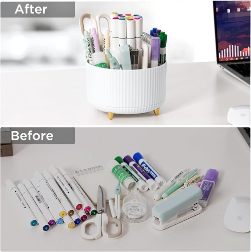 Gold Desk Organizers and Accessories 7Pcs Set with 360-Degree Rotating Pen Holder, Acrylic Stapler, Tape Holder, Staple Remover, Binder/Paper Clips Kit, Scissor and 1 Box of Staples (Gold)