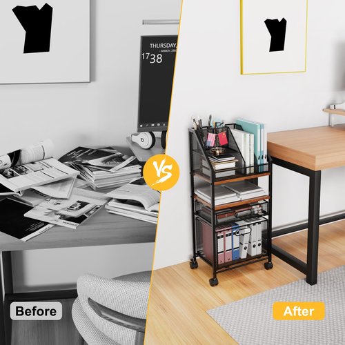 Rolling File Cart with 2 Storage Drawers Multipurpose Book Letter Organizer Carts with Lockable Wheels Wood&Mesh Rolling File Organizer Space-Saving Cart for Office Supplies