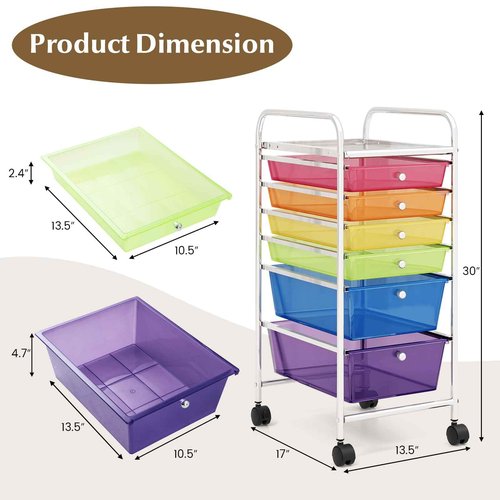 Julimoon Rolling Storage Cart with 6 Drawers,Mobile Storage Drawers Organizer, Multipurpose Plastic Utility Cart with Wheels for Home Office School Garage (Rainbow & Clear)…