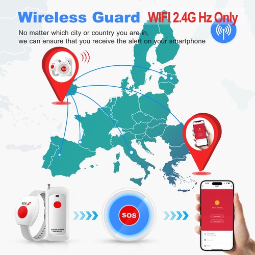 Caregiver Pager Life Alert Systems for Seniors No Monthly Fee Wi-Fi APP Control Elderly Alarm Call Button Panic Alarm for 1 Call Button 1 Watch Button 1 Receiver(Only Supports 2.4GHz Wi-Fi)