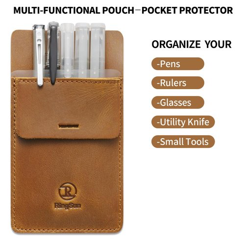 Ringsun Pocket Protector for Men, Full Grain Leather Pen Protect Holder for Heavy Duty Shirts, Lab Coats, Holds Pens, Pointers, Cards, Pocket Protectors for Pencils
