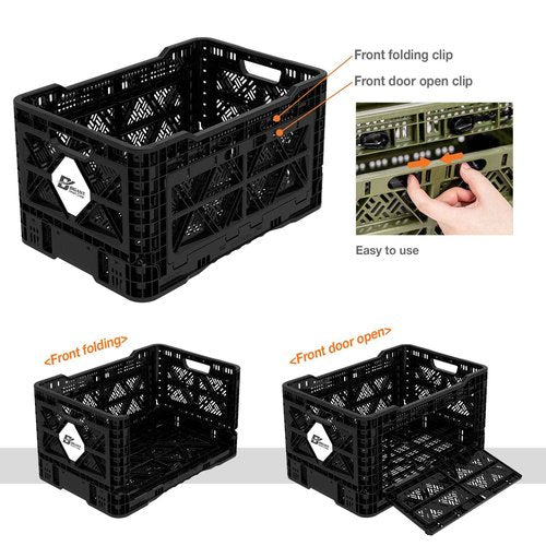 Bigant Heavy Duty Collapsible & Stackable Plastic Milk Crate-Medium Size, Black, Stackable Open Front Organizer, Set of 1, Snap Lock Foldable Industrial Garage Storage Bin Container Utility Basket