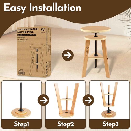 conda Adjustable Height Wooden Drafting Stool 19" to 26", Beech Wood Artist Stool for Drafting, Painting, Office, Studio, Kitchen, Bar, and Home Use