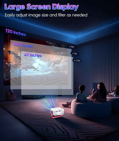 Irosiy Smart Mini Projector with WiFi and Bluetooth, Auto Focus & Keystone Portable Outdoor Projector, VOPLLS Native 1080P 4K Supported Home Movie Projector (White Red)