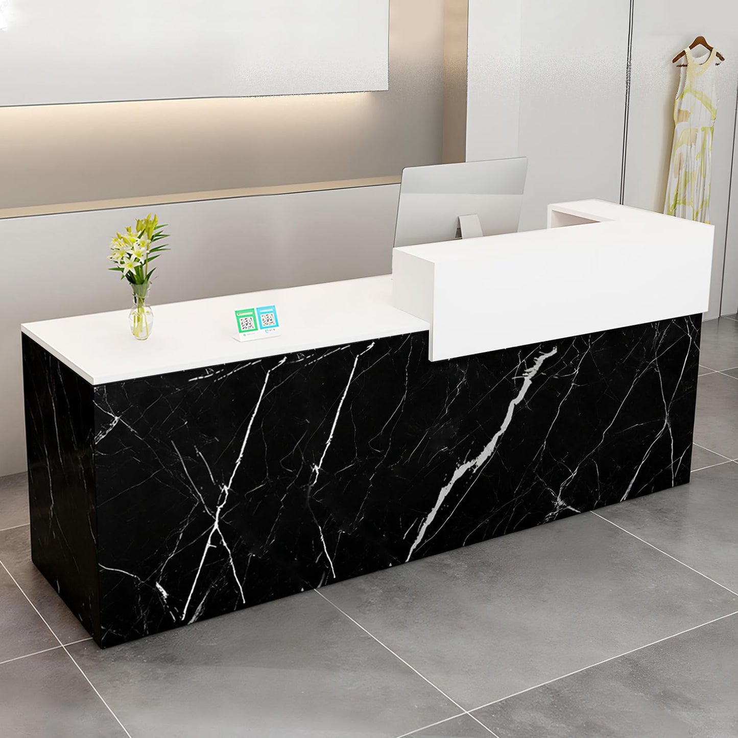 Modern Reception Desk with Drawer & Open Shelves, 39-95 Inch Front Counter Table, Computer Workstation Suitable for Salons, Offices, Lobbies, Retail Stores and Home Offices