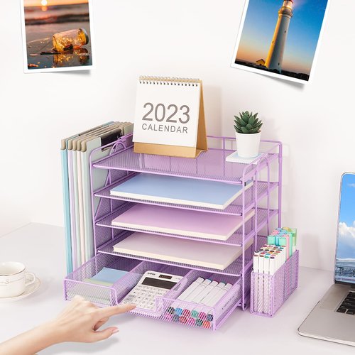 Gugsey Desk Organizer with File Holder, 5-tier Paper Letter Tray File Organizer with Drawer and Pen Holder, Metal Classroom Organization Office Accessories for School Office Supplies(Purple)